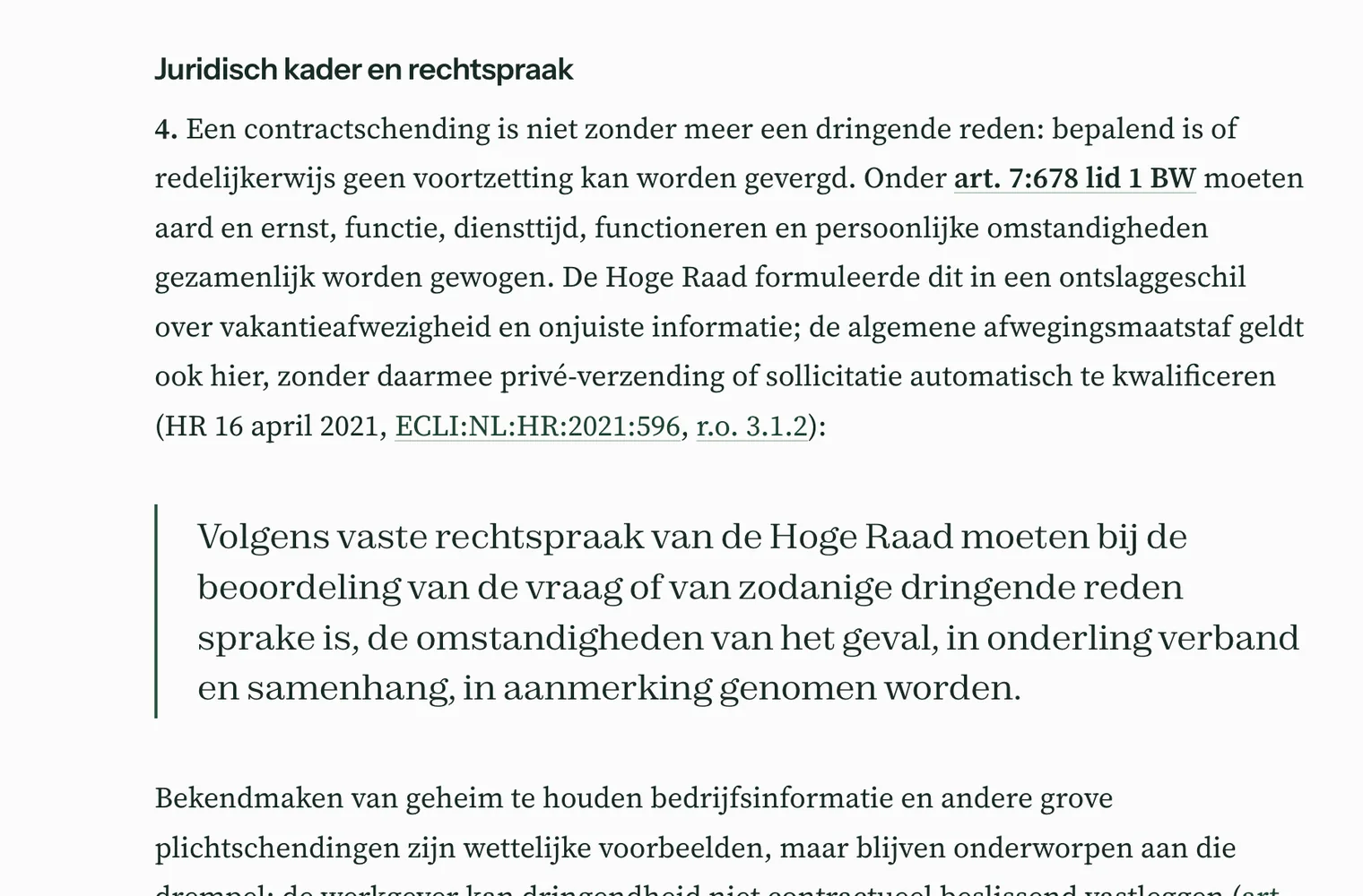 Juridisch kader in de voorbeeldmemo van Minuut over ontslag op staande voet, met klikbare bronnen naar BW en Hoge Raad