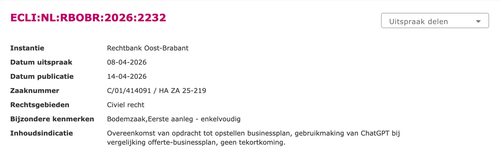De uitspraak ECLI:NL:RBOBR:2026:2232 op rechtspraak.nl, met in de inhoudsindicatie het gebruik van ChatGPT