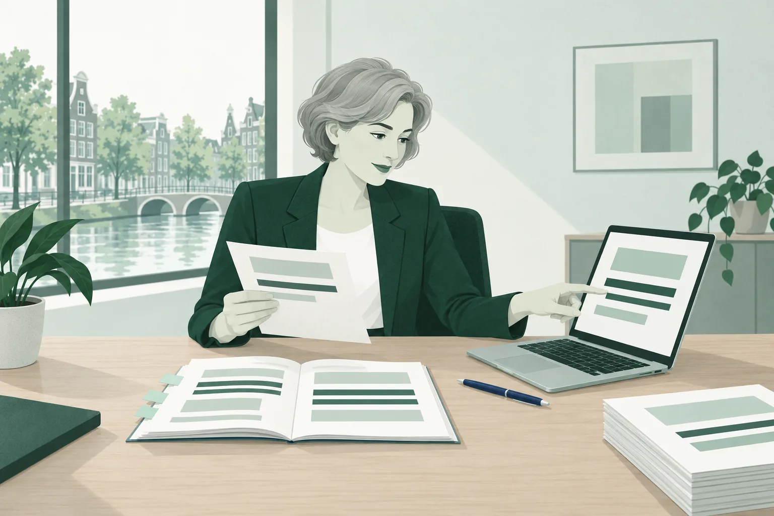 Een advocaat legt een pagina uit het processtuk van de wederpartij naast de uitspraak op haar laptop om verwijzingen te controleren