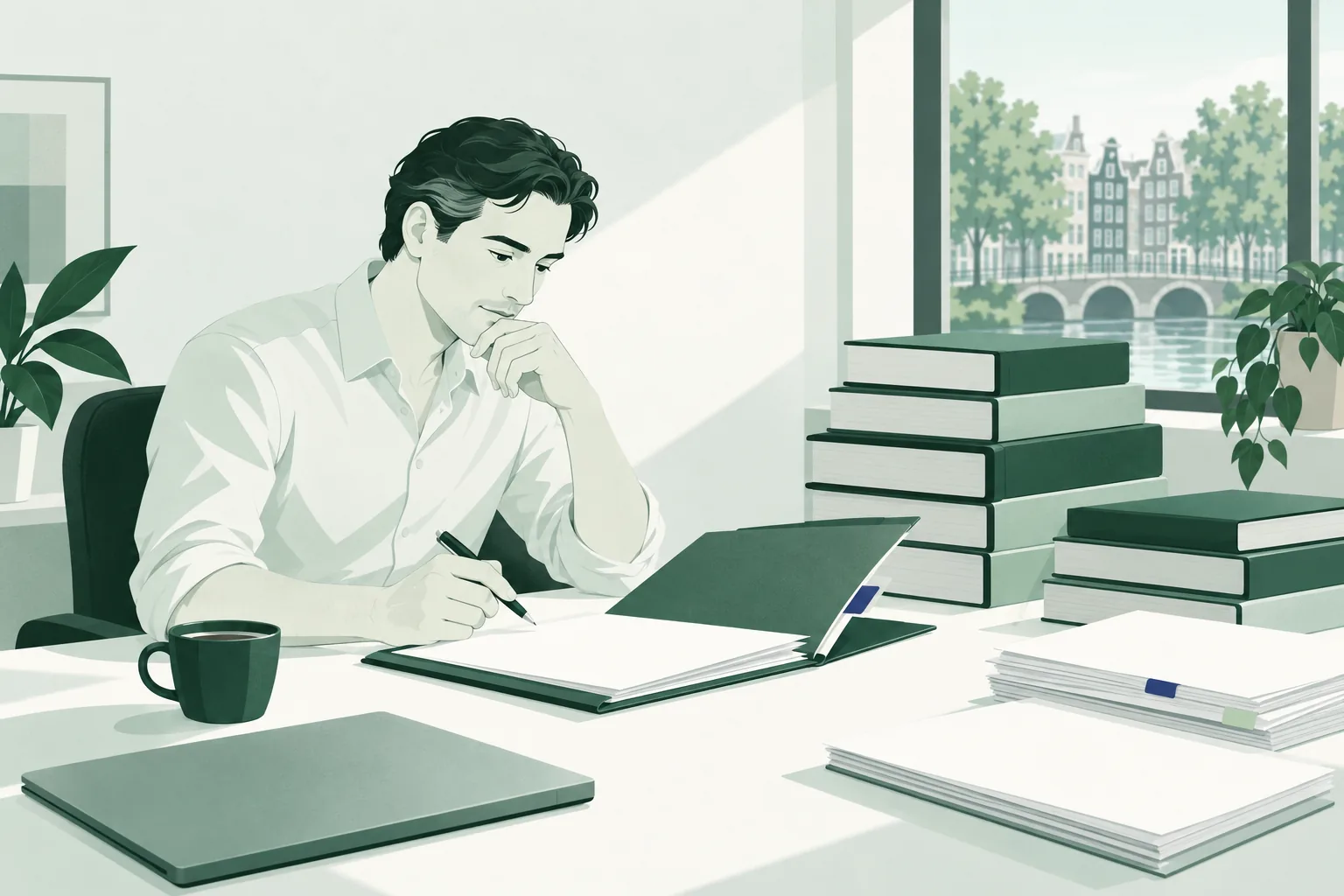 Een advocaat opent een nieuw dossier naast stapels wetboeken en uitspraken: uren juridisch onderzoek in het vooruitzicht