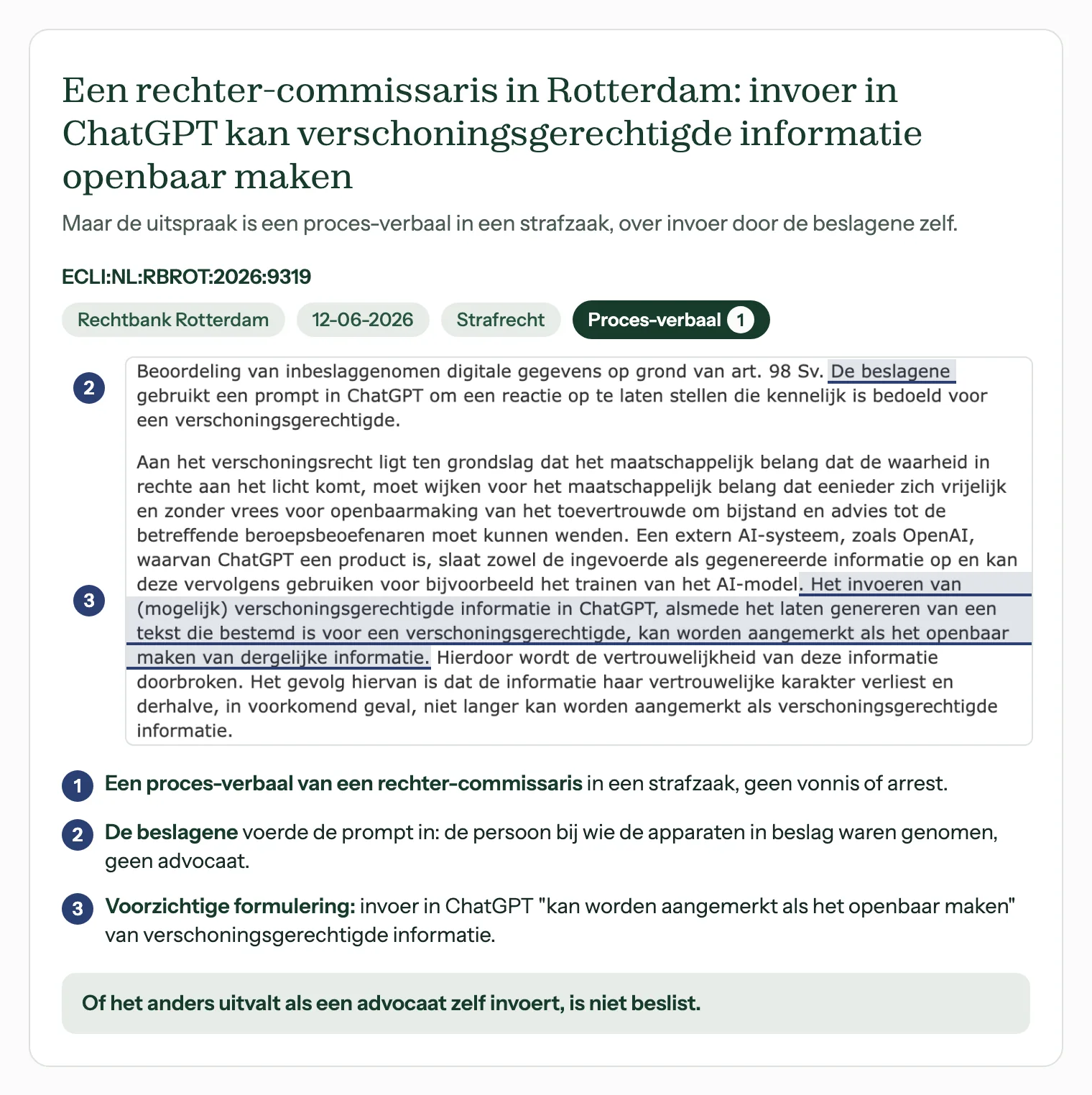 Geannoteerd kopblok van ECLI:NL:RBROT:2026:9319: een proces-verbaal waarin invoer in ChatGPT verschoningsrecht kan kosten