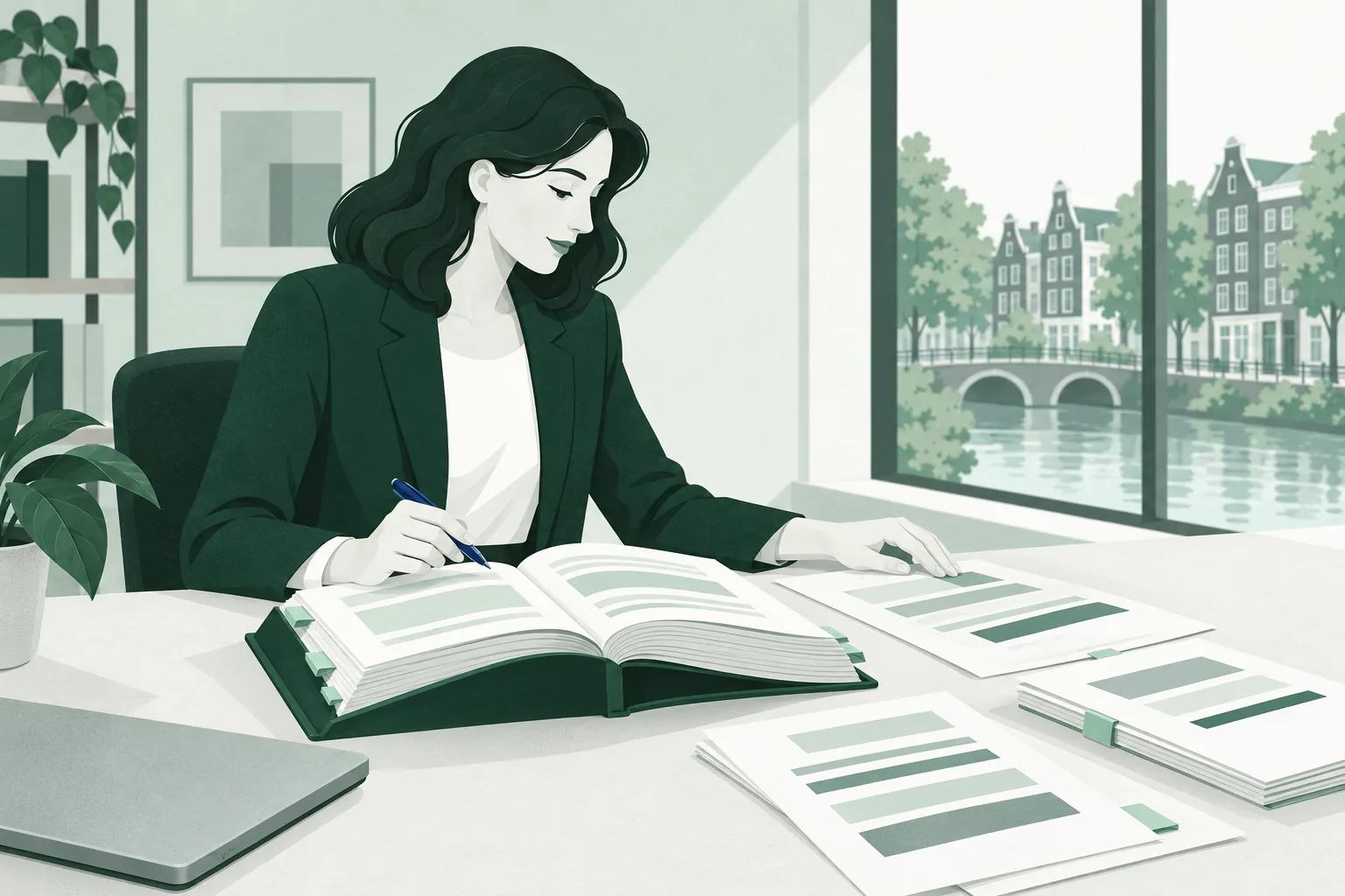 Een advocaat leest een uitgewerkte juridische onderzoeksmemo en legt de bronnen ernaast op haar bureau
