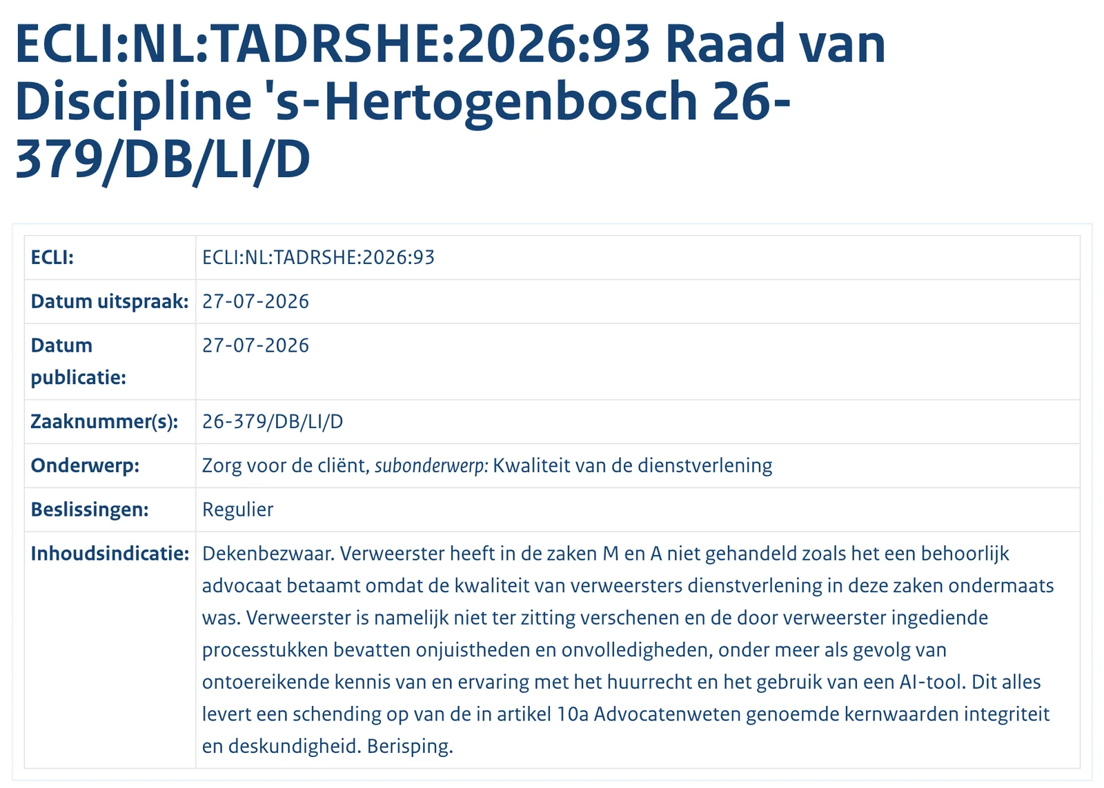 Tuchtrecht.overheid.nl: inhoudsindicatie van ECLI:NL:TADRSHE:2026:93 over een berisping na gebruik van een AI-tool