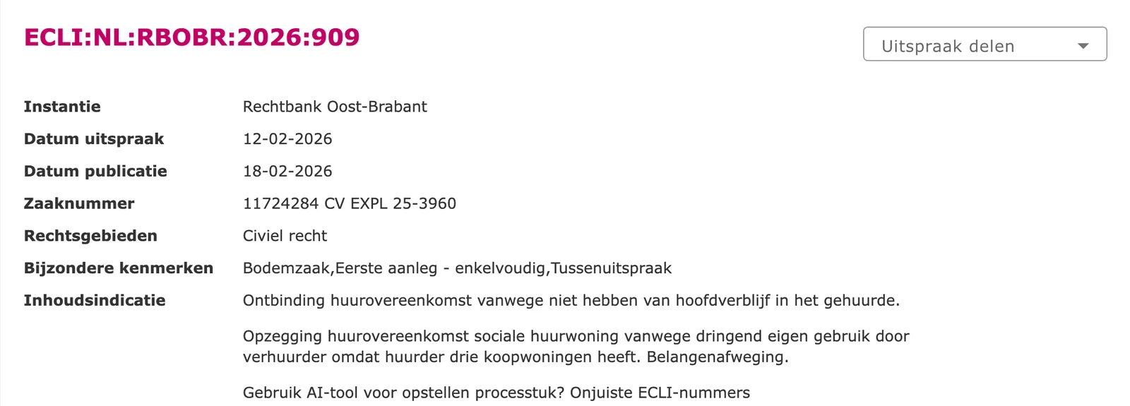 Een uitspraak op uitspraken.rechtspraak.nl met ECLI, instantie, datum en inhoudsindicatie, zoals je een AI-bron controleert