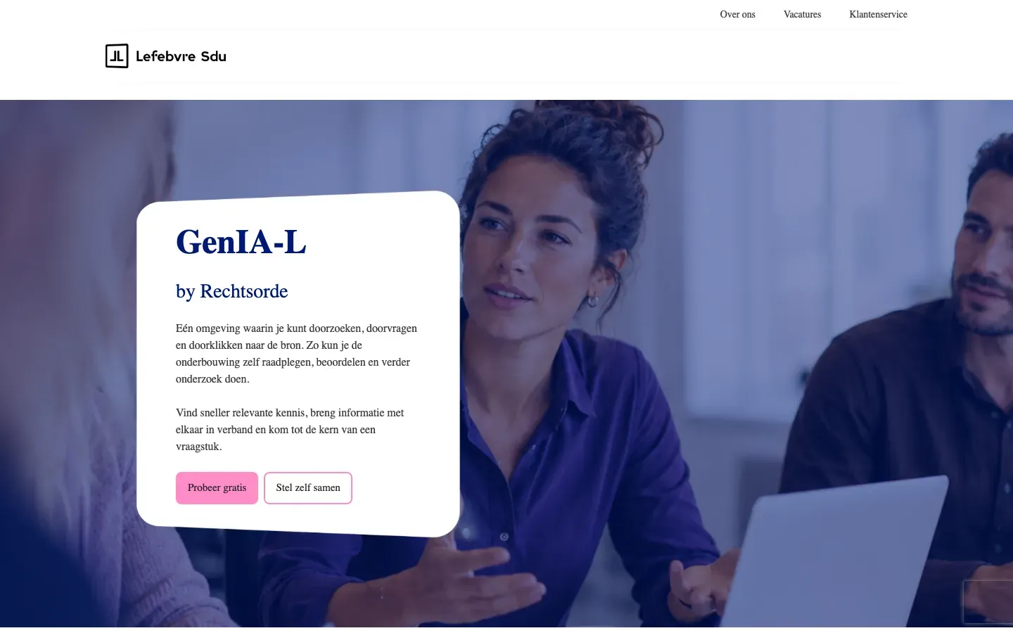 Productpagina van GenIA-L van Lefebvre Sdu: een omgeving om kennis te doorzoeken en door te klikken naar de bron