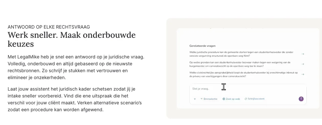 Productpagina van Legal Mike: werk sneller met een antwoord op elke rechtsvraag, met een chatvenster ernaast