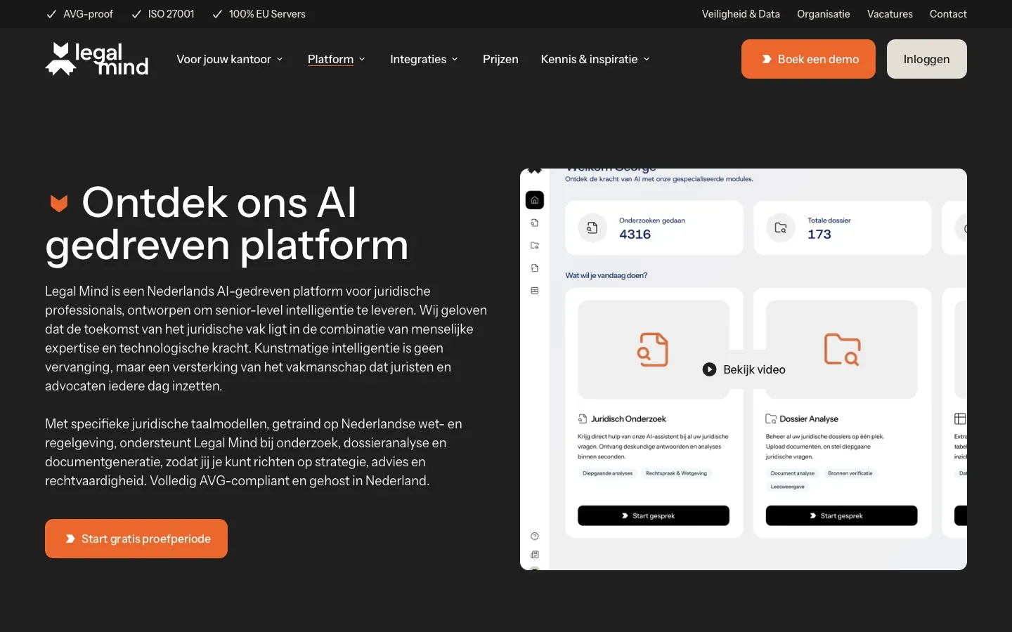 Platformpagina van Legal Mind met de modules Juridisch Onderzoek en Dossier Analyse