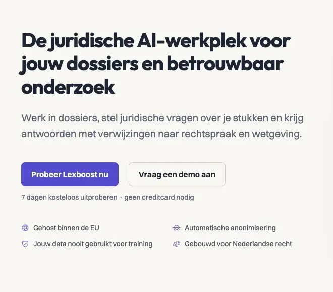 Homepage van Lexboost: juridische AI-werkplek voor dossiers met antwoorden en verwijzingen naar rechtspraak