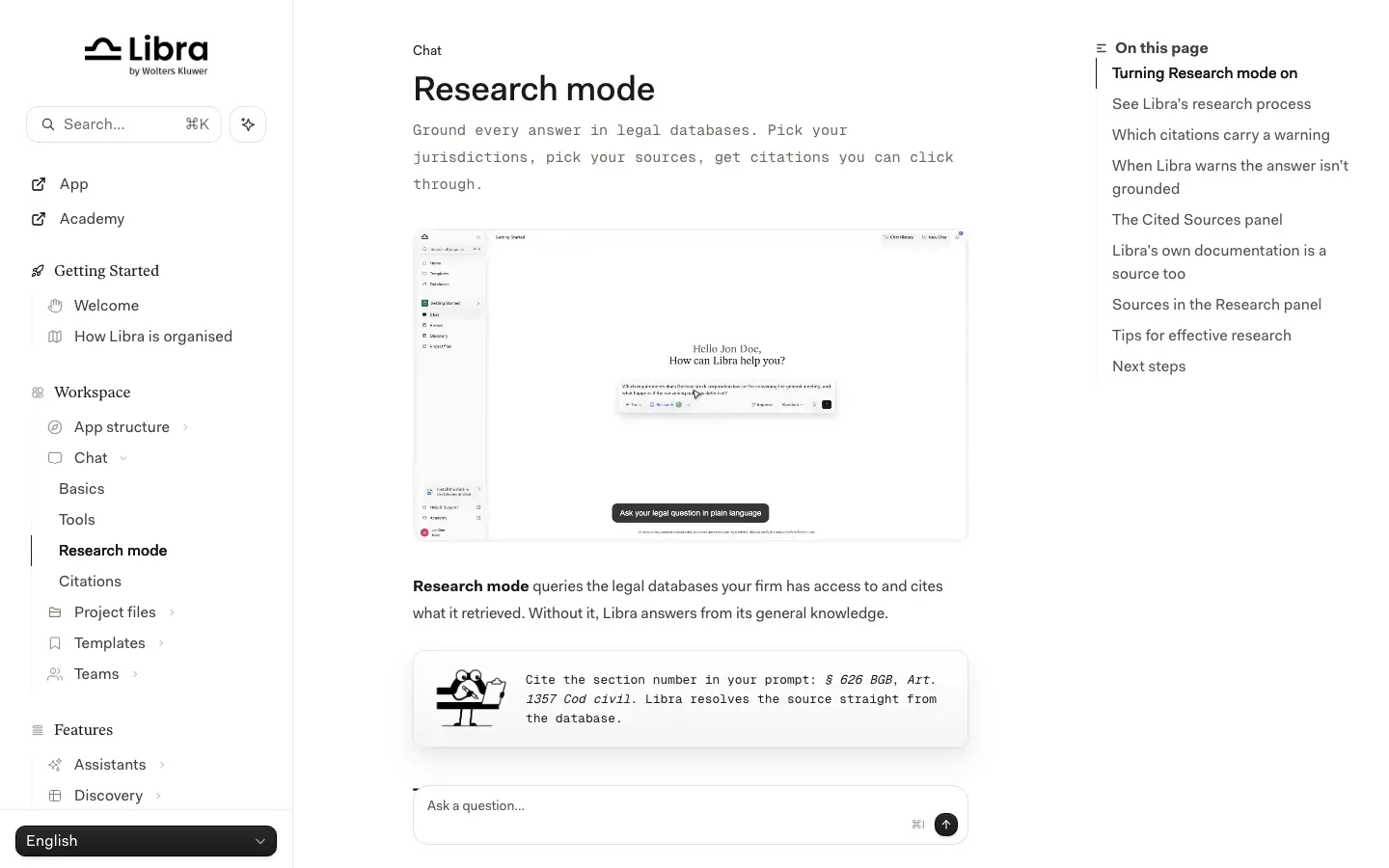 Documentatie van Libra van Wolters Kluwer over Research mode, dat antwoorden baseert op juridische databases