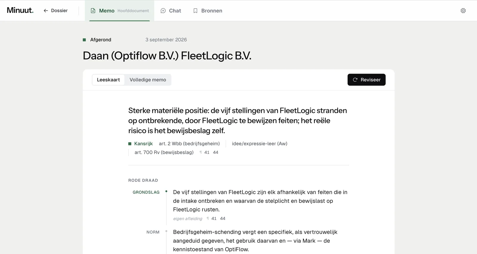 Een afgerond onderzoek in Minuut: de leeskaart met de kern van het advies, de kansrijkheid en de bronnen