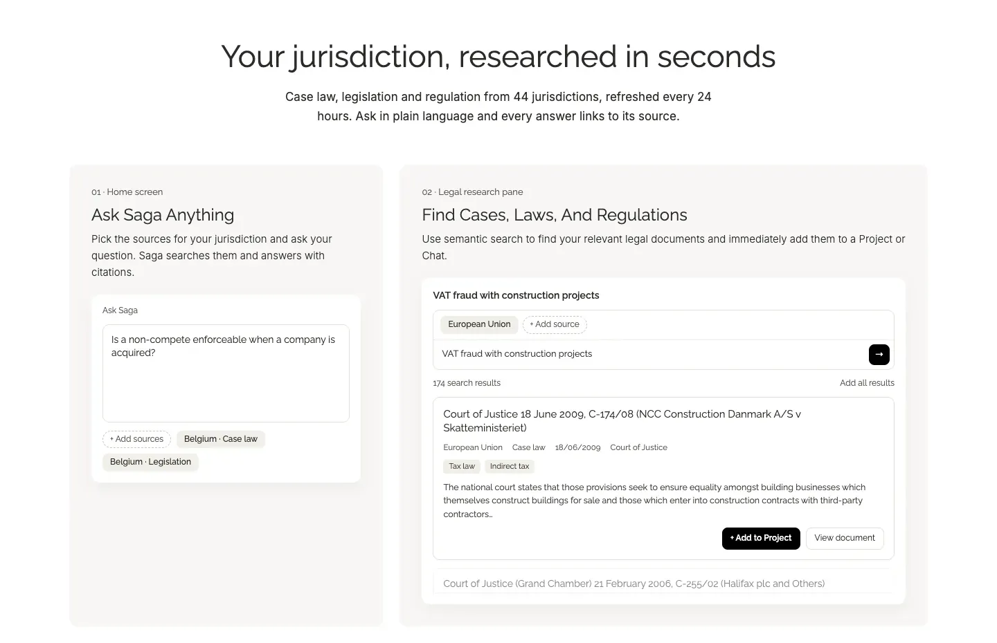 Platformpagina van Saga: Your jurisdiction, researched in seconds, met een zoekvenster en zoekresultaten