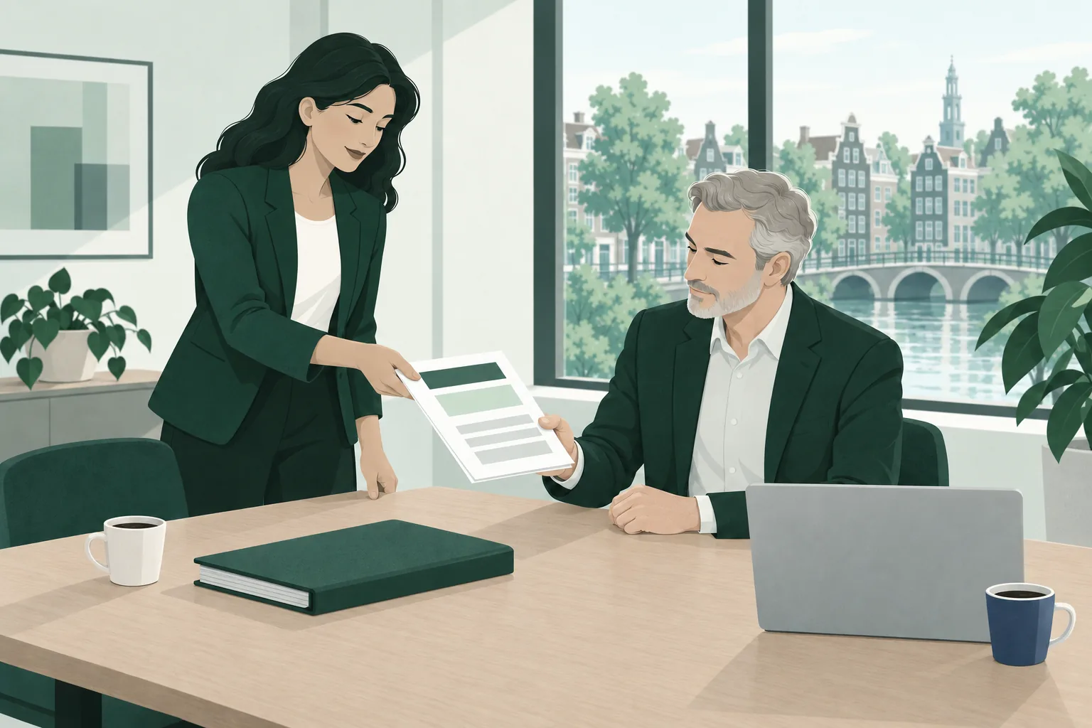 Een jurist overhandigt een korte juridische memo aan een collega, die de vraag en het antwoord bovenaan leest