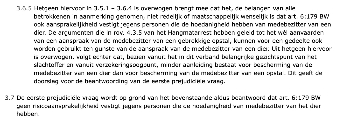 Rechtsoverweging 3.7 van ECLI:NL:HR:2016:162 op rechtspraak.nl: art. 6:179 BW vestigt geen risicoaansprakelijkheid jegens medebezitters
