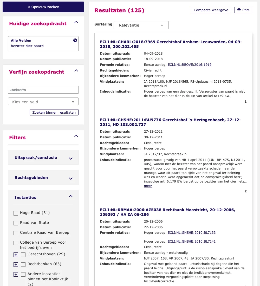 Zoekresultaten op uitspraken.rechtspraak.nl voor bezitter dier paard: 125 uitspraken, links filters met treffers per instantie