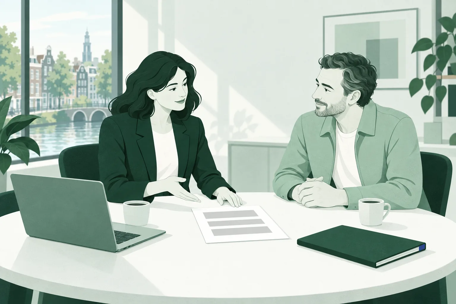 Een advocaat bespreekt aan tafel met haar cliënt hoe ze AI in zijn dossier gebruikt
