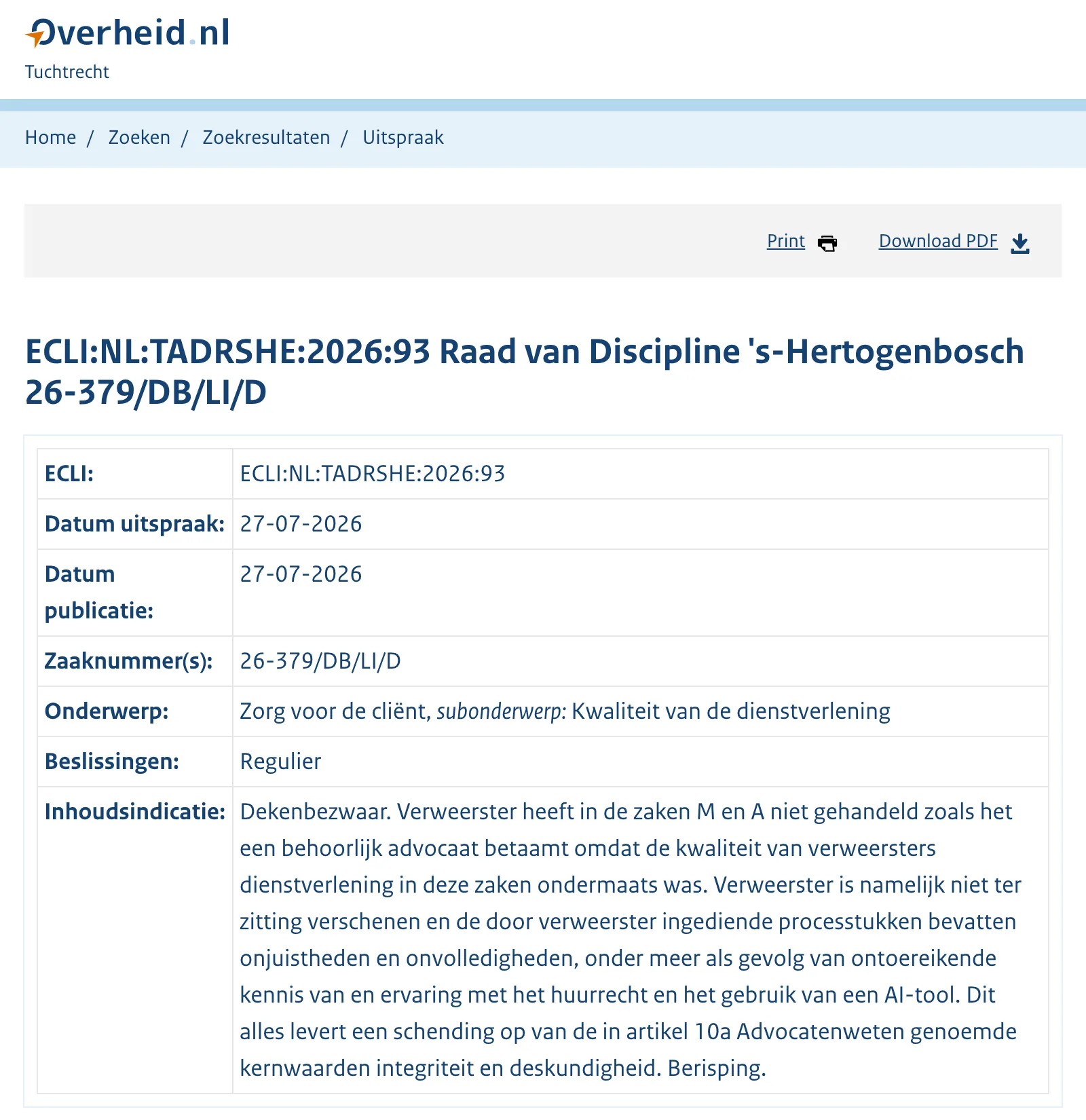 Tuchtrecht.overheid.nl: de uitspraak ECLI:NL:TADRSHE:2026:93 met inhoudsindicatie over AI-gebruik en een berisping