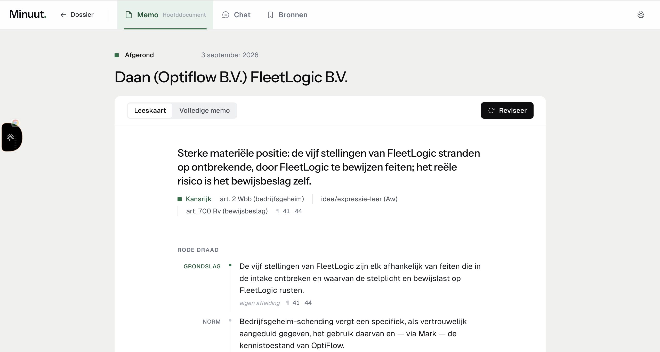 Een memo in Minuut met bovenaan de leeskaart: de uitkomst, de juridische grondslagen en de randnummers bij elke stelling